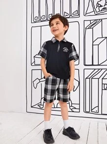 Toddler Boys Slogan & Plaid Print Polo Shirt