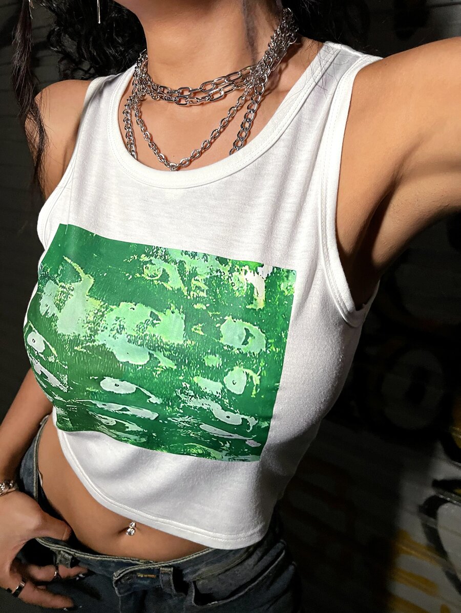 SHEIN ICON 圖案印花背心上衣 - 白色 - 查看 1