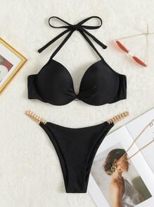 Solid Thong Bikini For Summer Beach - Black - View 1