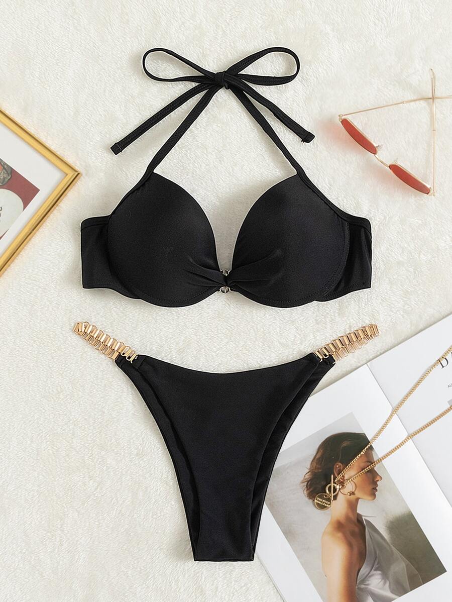 Solid Thong Bikini For Summer Beach - Black - View 1