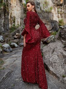 YISIKADO 荷葉袖高衩亮片舞會連衣裙 - 酒紅色 - 查看 2