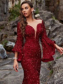 YISIKADO 荷葉袖高衩亮片舞會連衣裙 - 酒紅色 - 查看 3