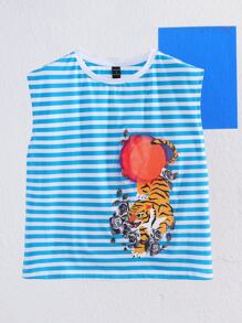 Junhan Top tank con tigre & con estampado floral de rayas - Azul y blanco - Ver 1