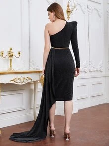 Modelyn 單肩閃亮洋裝帶腰帶 - 黑色 - 查看 2