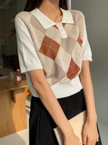 DAZY Argyle Pattern Polo Neck Knit Top - Multicolor - View 1