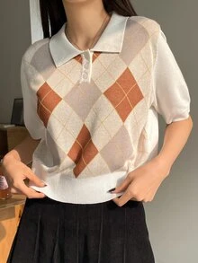 DAZY Argyle Pattern Polo Neck Knit Top - Multicolor - View 3