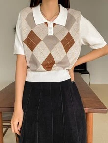 DAZY Argyle Pattern Polo Neck Knit Top - Multicolor - View 4