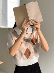 DAZY Argyle Pattern Polo Neck Knit Top - Multicolor - View 6