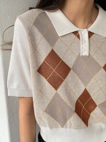 DAZY Argyle Pattern Polo Neck Knit Top - Multicolor - View 7