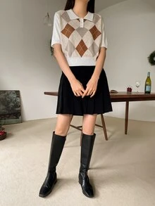 DAZY Argyle Pattern Polo Neck Knit Top - Multicolor - View 8