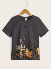 SHEIN Boys Letter & Coconut Tree Print Tee - Dark Grey - View 1
