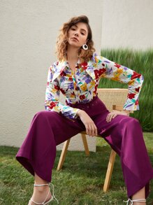 SHEIN VCAY Floral Print Ruched Detail Shirt - Multicolor - View 1