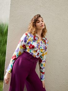 SHEIN VCAY Floral Print Ruched Detail Shirt - Multicolor - View 4