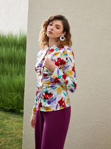 SHEIN VCAY Floral Print Ruched Detail Shirt - Multicolor - View 9