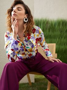 SHEIN VCAY Floral Print Ruched Detail Shirt - Multicolor - View 3