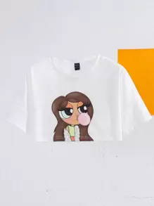 Tay Mills Artist Girlcore 落肩图案短款女式图案 T 恤，适合夏季、棉质、假日、度假、春季、节日、伊比沙岛 - 白色 - 查看 1