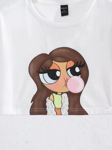 Tay Mills Artist Girlcore 落肩图案短款女式图案 T 恤，适合夏季、棉质、假日、度假、春季、节日、伊比沙岛 - 白色 - 查看 3