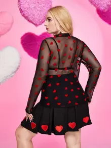 SHEIN EZwear 大碼小高領愛心圖案網紗不附胸罩上衣 - 黑色 - 查看 2