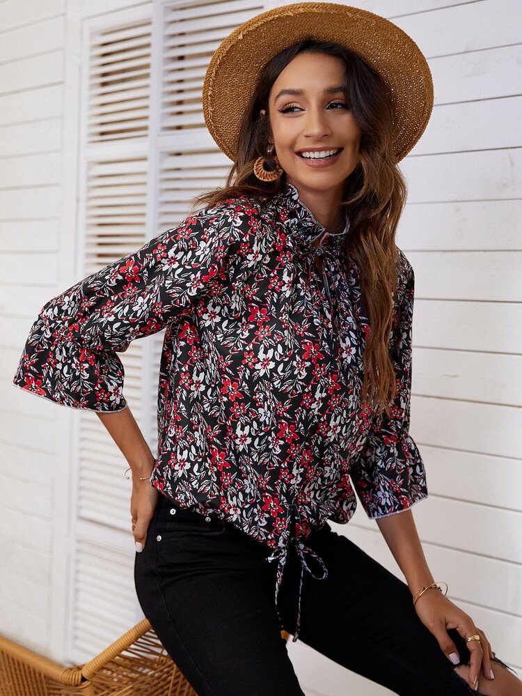 SHEIN Unity Floral Print Tie Neck Flounce Sleeve Blouse - Multicolor - View 4