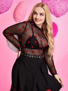 SHEIN EZwear 大碼小高領愛心圖案網紗不附胸罩上衣 - 黑色 - 查看 4