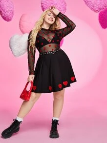 SHEIN EZwear 大碼小高領愛心圖案網紗不附胸罩上衣 - 黑色 - 查看 5