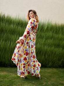 SHEIN VCAY Allover Floral Print Plunging Neck Ruched Waist Dress - Multicolor - View 5