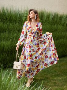 SHEIN VCAY Allover Floral Print Plunging Neck Ruched Waist Dress - Multicolor - View 6