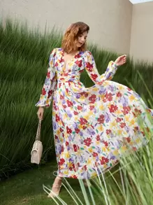 SHEIN VCAY Allover Floral Print Plunging Neck Ruched Waist Dress - Multicolor - View 7