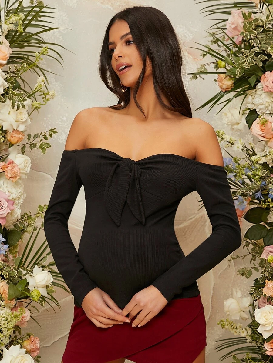 SHEIN Maternity Tie Front Off Shoulder Tee - Black - View 1