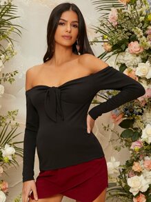 SHEIN Maternity Tie Front Off Shoulder Tee - Black - View 3