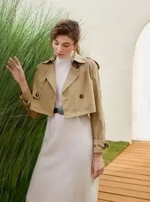 SHEIN Solid  Double Breasted Crop Trench Coat - Khaki - View 2
