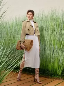 SHEIN Solid  Double Breasted Crop Trench Coat - Khaki - View 1