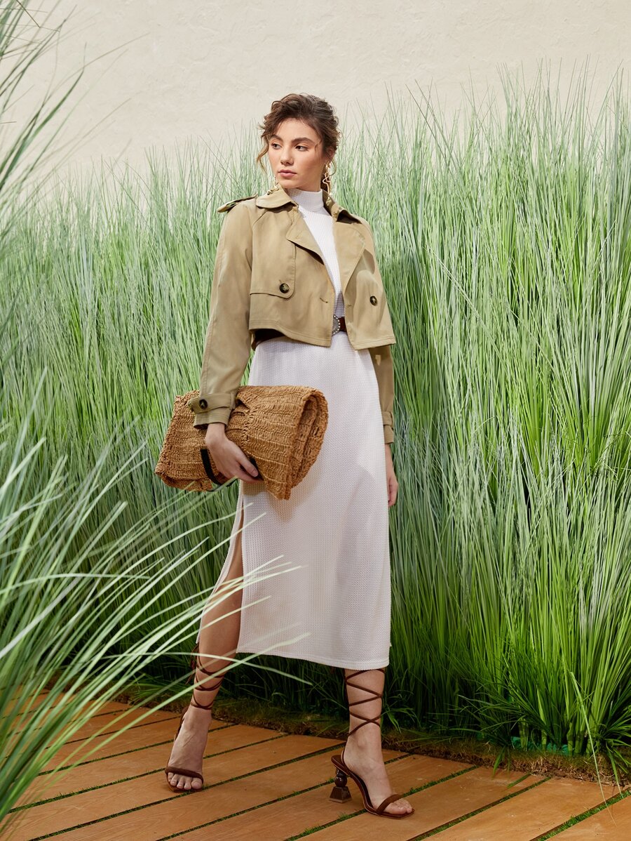 SHEIN Solid  Double Breasted Crop Trench Coat - Khaki - View 1