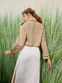 SHEIN Solid  Double Breasted Crop Trench Coat - Khaki - View 3