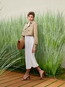 SHEIN Solid  Double Breasted Crop Trench Coat - Khaki - View 4