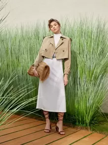 SHEIN Solid  Double Breasted Crop Trench Coat - Khaki - View 5