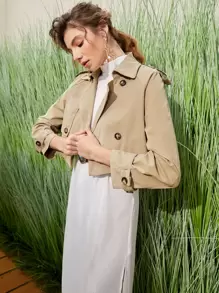 SHEIN Solid  Double Breasted Crop Trench Coat - Khaki - View 6