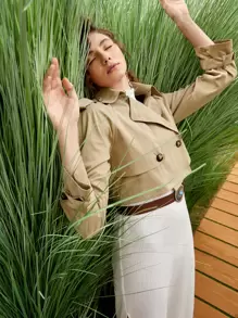 SHEIN Solid  Double Breasted Crop Trench Coat - Khaki - View 7