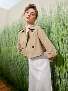SHEIN Solid  Double Breasted Crop Trench Coat - Khaki - View 8