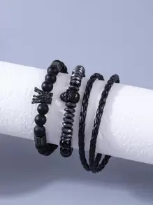 時尚流行3件套男士骷髏裝飾串珠手鍊合金，適合度假和時尚外觀 - 黑色 - 查看 1