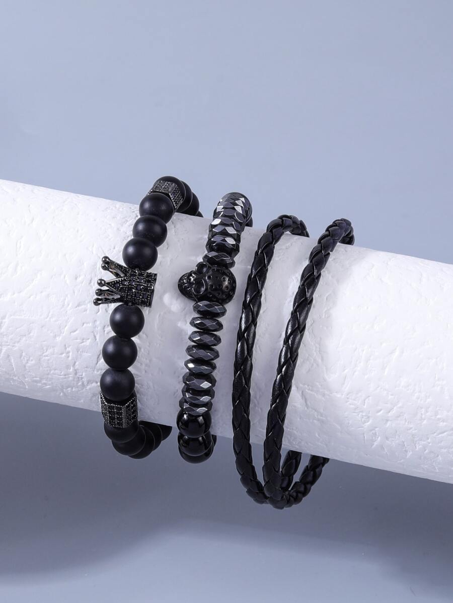 時尚流行3件套男士骷髏裝飾串珠手鍊合金，適合度假和時尚外觀 - 黑色 - 查看 1