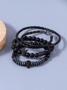 時尚流行3件套男士骷髏裝飾串珠手鍊合金，適合度假和時尚外觀 - 黑色 - 查看 2