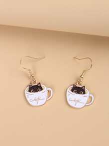 Cute Teacup Cat Earrings Lovely Kitten Drop Earrings - Black and White - View 4