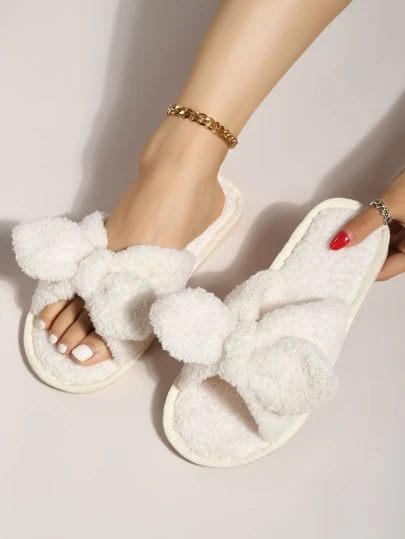 蝶々結びデコレーション ファジー スリッパの画像