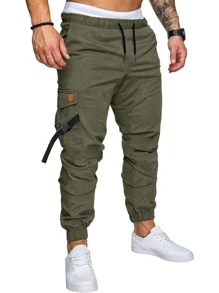 Manfinity Homme Men Patch Detail Flap Pocket Buckle Cargo Trousers - Army Green - View 1