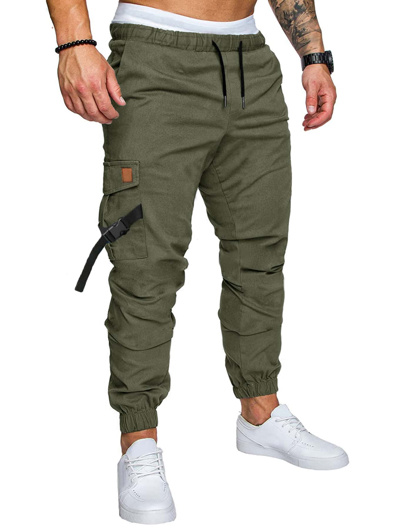 Manfinity Homme Men Patch Detail Flap Pocket Buckle Cargo Trousers - Army Green - View 1