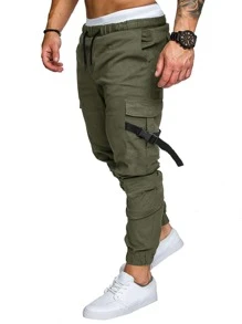 Manfinity Homme Men Patch Detail Flap Pocket Buckle Cargo Trousers - Army Green - View 3