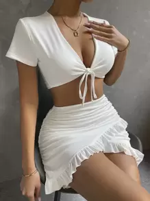 Chiquease Bộ đồ hai mảnh nữ Thắt nơ trước màu trơn Gợi cảm - trắng - Xem 6