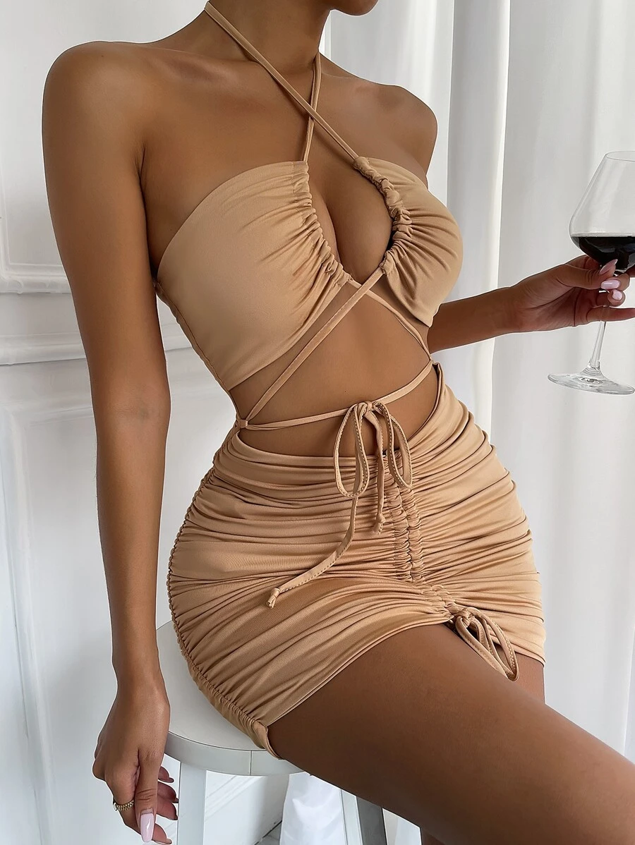 SHEIN Allurite Vestido halter con cordón delantero con cordón fruncido delantero - Camel - Ver 1