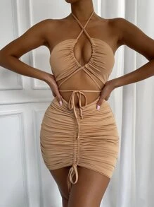 SHEIN Allurite Vestido halter con cordón delantero con cordón fruncido delantero - Camel - Ver 4